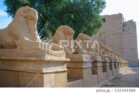 Avenue of Sphinxes Leading to Karnak Temple in Egypt on a Sunny Spring Morning. Avenue of Sphinxes Leading to Karnak Temple in Egypt on a Sunny Spring Morning. 132343366