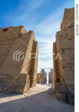 Massive pylon passageway at the ancient Karnak Temple in Luxor Egypt. 132343368