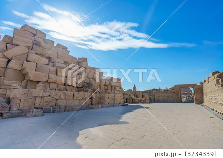 Wide Courtyard with Ancient Stone Walls at Temple of Karnak Luxor Egypt. 132343391