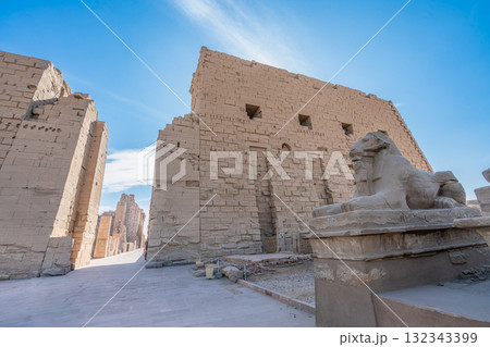 Karnak Temple Rams Headed Sphinx Avenue Blue Sky Luxor Egypt Ancient Ruins. Karnak Temple Rams Headed Sphinx Avenue Blue Sky Luxor Egypt Ancient Ruins. 132343399