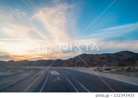 Desert Highway Sunset View Near Hurghada Red Sea Egypt. Desert Highway Sunset View Near Hurghada Red Sea Egypt. 132343435