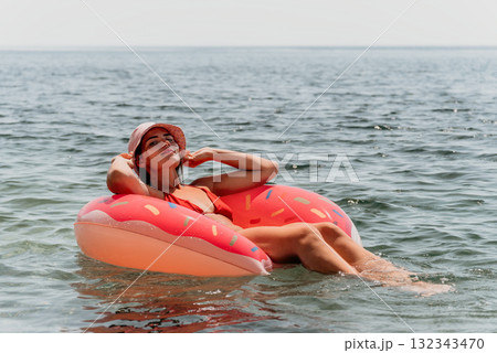 Woman Inflatable Float Summer Beach Relaxation 132343470