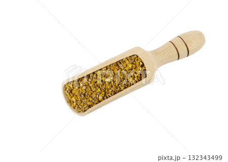 Mullein or Verbascum dried flowers in wooden scoop isolated on white background. Used in herbal medicine. Mullein or Verbascum dried flowers in wooden scoop isolated on white background. Used in herbal medicine. 132343499