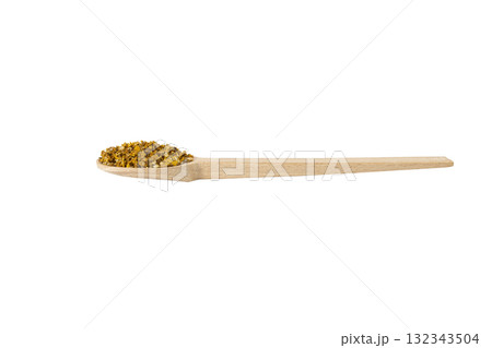 Mullein or Verbascum dried flowers on wooden spoon isolated on white background. Used in herbal medicine Mullein or Verbascum dried flowers on wooden spoon isolated on white background. Used in herbal medicine 132343504