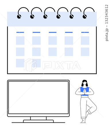 Businesswoman practicing yoga beside a desktop computer screen and a calendar. Ideal for wellness, time management, work-life balance, productivity, remote work, mental health, mindfulness. Line Businesswoman practicing yoga beside a desktop computer screen and a calendar. Ideal for wellness, time management, work-life balance, productivity, remote work, mental health, mindfulness. Line 132343612