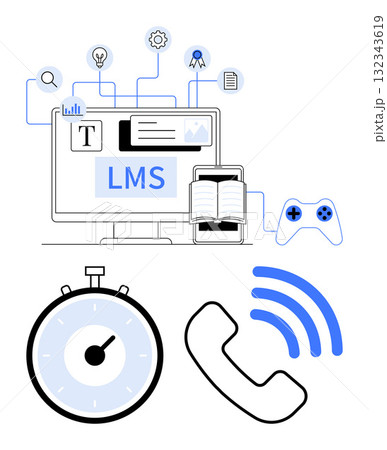 Learning management system on a computer screen book on a tablet, stopwatch, phone, and gaming controller. Ideal for education, e-learning, technology, online courses, time management Learning management system on a computer screen book on a tablet, stopwatch, phone, and gaming controller. Ideal for education, e-learning, technology, online courses, time management 132343619
