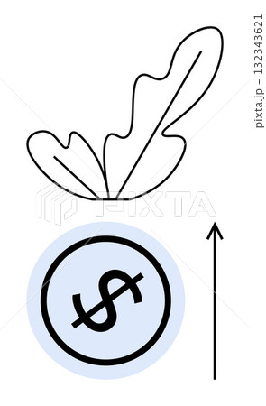 Leaf design and circular dollar sign linked with arrow. Ideal for finance, growth, sustainability, investment, economic development, prosperity, balance. Line metaphor Leaf design and circular dollar sign linked with arrow. Ideal for finance, growth, sustainability, investment, economic development, prosperity, balance. Line metaphor 132343621
