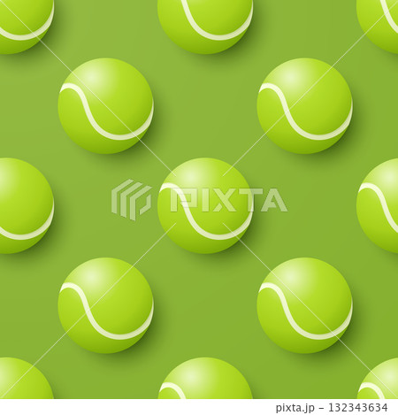 3d Tennis Ball Seamless Pattern, Vector Illustration. Green Vector Background with 3d Tennis Balls. Repeat Tile for Sports Design, Tennis Ball Pattern for Textile, Packaging, Gift Wrap, Fabric 132343634