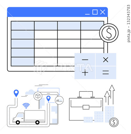 Financial table with currency sign, calculator, delivery truck, business briefcase, and growth arrows. Ideal for finance, logistics, business growth, transportation data analysis investment Financial table with currency sign, calculator, delivery truck, business briefcase, and growth arrows. Ideal for finance, logistics, business growth, transportation data analysis investment 132343783