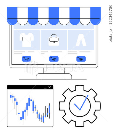 Online store interface with clothing, accessories, and add-to-cart buttons on a monitor. Sales chart display and gear icon with check mark. Ideal for e-commerce, online shopping, product management Online store interface with clothing, accessories, and add-to-cart buttons on a monitor. Sales chart display and gear icon with check mark. Ideal for e-commerce, online shopping, product management 132343786