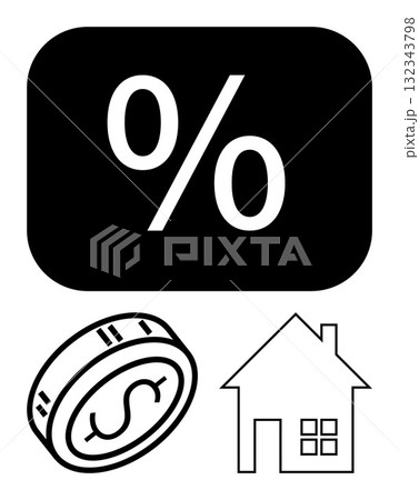Percent symbol in a dark rectangle, dollar coin, and house outline collectively represent financial elements. Ideal for banking, loans, interest rates, mortgages, real estate, investments 132343798
