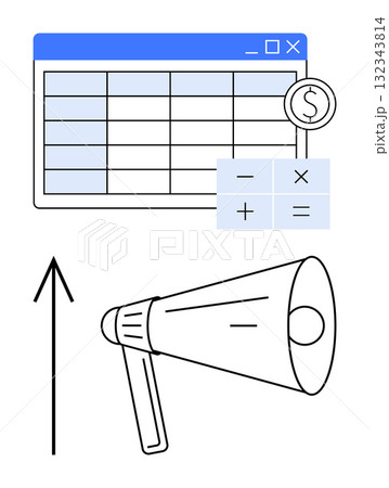 Financial spreadsheet with calculator icon and dollar sign, growth arrow, and megaphone. Ideal for finance, business strategy, marketing, data analysis, investment, growth tactics and economic Financial spreadsheet with calculator icon and dollar sign, growth arrow, and megaphone. Ideal for finance, business strategy, marketing, data analysis, investment, growth tactics and economic 132343814