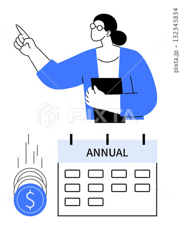 Businesswoman pointing while holding a document, coins falling, and annual calendar below. Ideal for financial planning, meetings, business strategy, investment, savings, economic growth annual 132343834