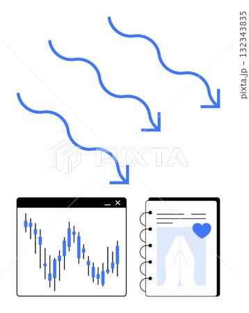 Blue arrows pointing downward from a stock chart towards a notebook page containing an illustration of praying hands and a heart icon. Ideal for finance, data analysis, business strategy, marketing 132343835
