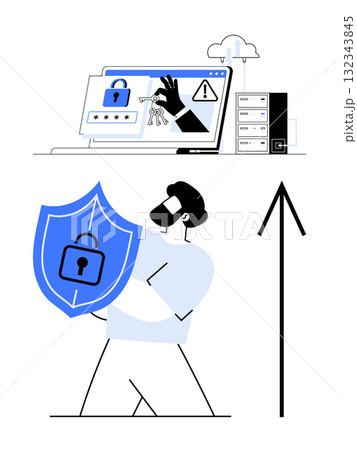 Man holding shield with padlock, symbolizing protection, in front of laptop screen showing padlock, key, and warning. Ideal for cybersecurity, data protection, privacy, online security information Man holding shield with padlock, symbolizing protection, in front of laptop screen showing padlock, key, and warning. Ideal for cybersecurity, data protection, privacy, online security information 132343845