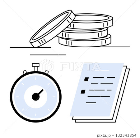 Stopwatch stack of coins and documents. Ideal for financial planning, time management, deadline tracking, productivity, budgeting, efficiency, goal setting. Line metaphor 132343854
