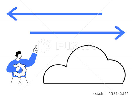 Person holding a gear points at two opposite arrows above a cloud. Ideal for cloud computing, tech support, data exchange, SaaS solutions, workflow automation, IT services, digital transformation 132343855