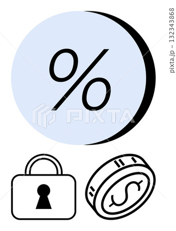Percentage symbol inside a blue circle at top, lock signifying security, and coin with dollar sign. Ideal for finance, banking, investments, security, savings loans and economic education. Line Percentage symbol inside a blue circle at top, lock signifying security, and coin with dollar sign. Ideal for finance, banking, investments, security, savings loans and economic education. Line 132343868