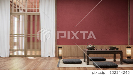 Red color Empty muji, minimal japanese wooden room interior ,minimal style.3D rendering Red color Empty muji, minimal japanese wooden room interior ,minimal style.3D rendering 132344246