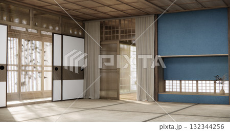 Cool colors give a feeling of coolness and calmness. Japanese traditional room, Mock up empty room and decoration room japan style.3D rendering 132344256