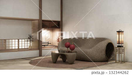 japanese Armchair sofa and table decoration on wabi sabi style. 3D illustration rendering 132344262
