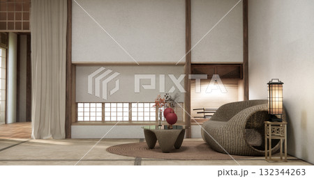japanese Armchair sofa and table decoration on wabi sabi style. 3D illustration rendering japanese Armchair sofa and table decoration on wabi sabi style. 3D illustration rendering 132344263