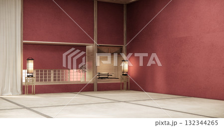 Red color Empty muji, minimal japanese wooden room interior ,minimal style.3D rendering 132344265