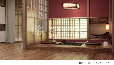 Red color Empty muji, minimal japanese wooden room interior ,minimal style.3D rendering 132344271