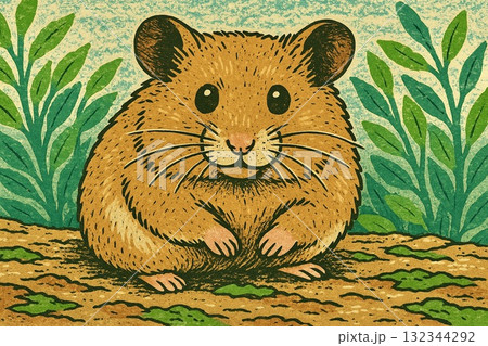 ゴールデンハムスター　ハムスター　版画調 132344292