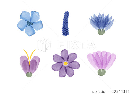 A collection of six watercolor flower illustrations displayed on a white background. The set includes various flower shapes and colors, ideal for conservation-themed designs. 132344316