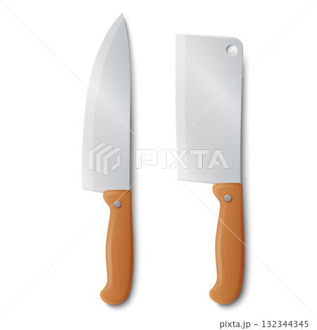 Vector 3d Chef Knife Icon Set, Top View. Stainless Steel Kitchen Knife, Isolated. Kitchen Knife with Brown Wooden Handle. Chef Knife Clipart, Design Template 132344345