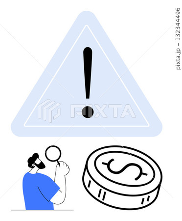 Man holding magnifying glass examining a coin beside a large warning sign with exclamation point. Ideal for finance, risk analysis, fraud detection, financial security, investment warnings, economic 132344496