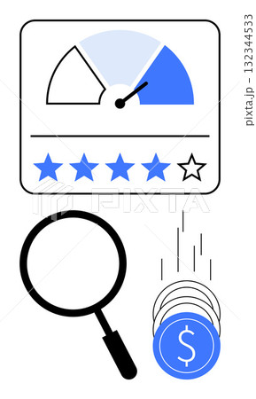 Rating meter with 4 blue stars and 1 empty star, magnifying glass, stack of falling blue coins with dollar sign. Ideal for customer feedback, performance review, financial analysis, quality control Rating meter with 4 blue stars and 1 empty star, magnifying glass, stack of falling blue coins with dollar sign. Ideal for customer feedback, performance review, financial analysis, quality control 132344533
