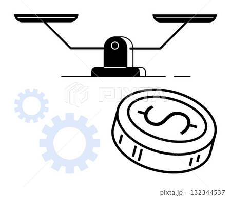 Balance scale, large dollar coin, and two gears depicting financial balance and economic management. Ideal for finance, business, economics, investment, budgeting, economic analysis and wealth 132344537