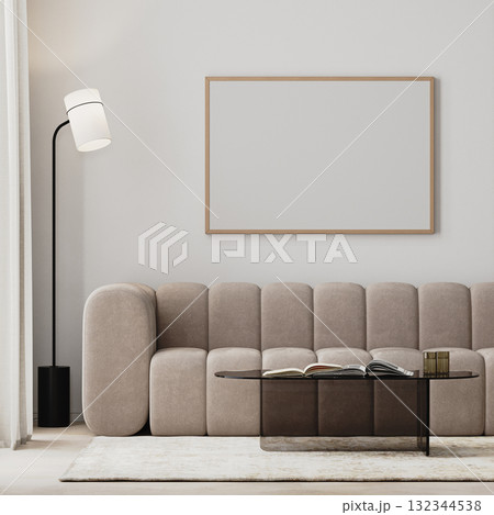 wooden picture frame mock-up in modern living room interior with beige sofa and glass coffee table, 3d render wooden picture frame mock-up in modern living room interior with beige sofa and glass coffee table, 3d render 132344538