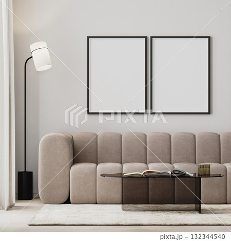two poster frames mock-up in modern living room interior with beige sofa and glass coffee table, 3d render two poster frames mock-up in modern living room interior with beige sofa and glass coffee table, 3d render 132344540
