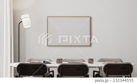 empty wooden picture frame mock-up in meeting room interior with long desk,modern chairs and floor lamp, 3d render 132344555