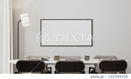 empty picture wide frame mock-up in meeting room interior with long desk,modern chairs and floor lamp, 3d render empty picture wide frame mock-up in meeting room interior with long desk,modern chairs and floor lamp, 3d render 132344556