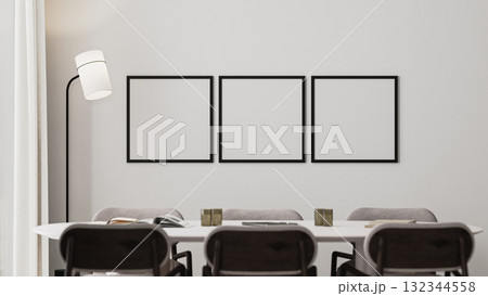 empty three square frames mock-up in meeting room interior with long desk,modern chairs and floor lamp, 3d render empty three square frames mock-up in meeting room interior with long desk,modern chairs and floor lamp, 3d render 132344558