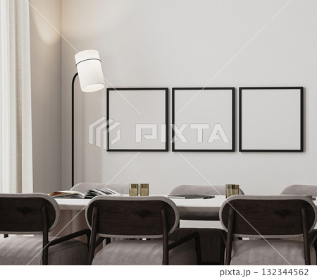 three square frames mock-up in meeting room interior with long desk,modern chairs and floor lamp, 3d render 132344562