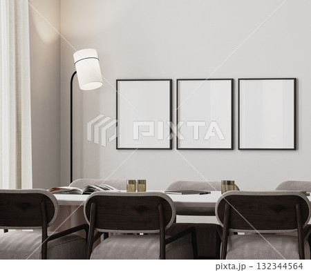 three poster frames mock-up in meeting room interior with long desk,modern chairs and floor lamp, 3d render 132344564