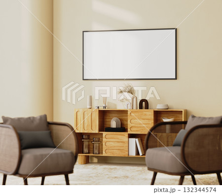 blank horizontal frame mock-up in cozy living room corner with wooden cabinet with decor and soft armchairs, 3d render blank horizontal frame mock-up in cozy living room corner with wooden cabinet with decor and soft armchairs, 3d render 132344574