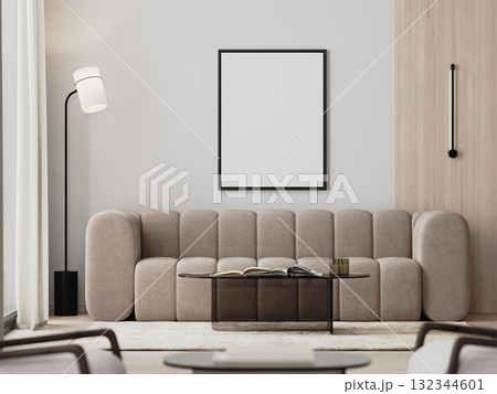 frame mock-up in modern living room interior with beige sofa and glass coffee table, 3d render 132344601