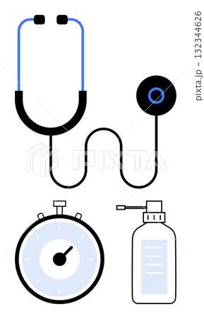 Stethoscope, timer, and hand sanitizer in simple lines and colors representing medical care and hygiene. Ideal for healthcare, hospitals, clinics, medical professionals, health awareness, patient Stethoscope, timer, and hand sanitizer in simple lines and colors representing medical care and hygiene. Ideal for healthcare, hospitals, clinics, medical professionals, health awareness, patient 132344626