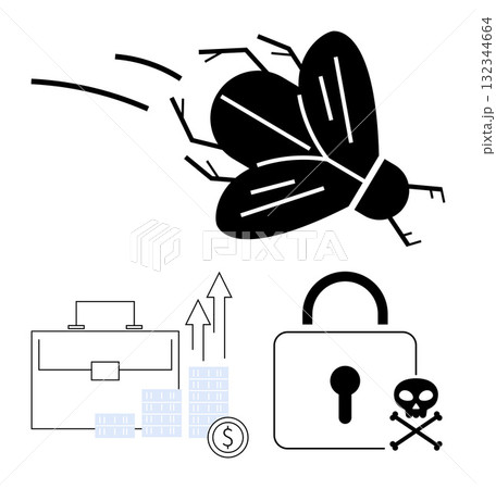 Insect representing malware, financial growth represented by briefcase and stacks of coins, secure lock. Ideal for cybersecurity, finance, risk management, data protection, business security, online 132344664