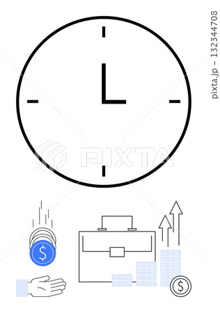 Large clock indicating time, hand with coins, briefcase, bar graphs with upward arrows representing growth, and currency symbols. Ideal for business, finance, productivity, investment planning Large clock indicating time, hand with coins, briefcase, bar graphs with upward arrows representing growth, and currency symbols. Ideal for business, finance, productivity, investment planning 132344708