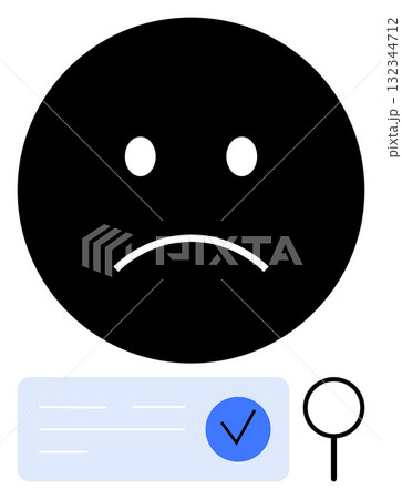 Sad face with downturned mouth, document with checkmark, magnifying glass. Ideal for conveying rejection, failure, disappointment, unsuccessful search, negative feedback, emotional response Sad face with downturned mouth, document with checkmark, magnifying glass. Ideal for conveying rejection, failure, disappointment, unsuccessful search, negative feedback, emotional response 132344712