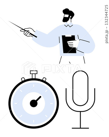 Man holding pointer and clipboard. Stopwatch symbolizes time management. Microphone represents communication. Ideal for themes education, lectures, public speaking, time management, training 132344725