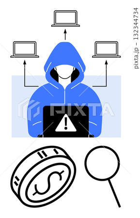 Hacker in blue hoodie using laptop with warning sign, surrounded by connected devices, coin, and magnifying glass. Ideal for security, technology, cyber threats, online fraud, financial risk hacking 132344734