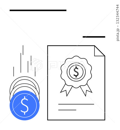 Falling blue coins beside a dollar-signed awarded certificate. Ideal for finance, business success, investments, savings, financial planning, achievement, and awards. Line metaphor 132344744